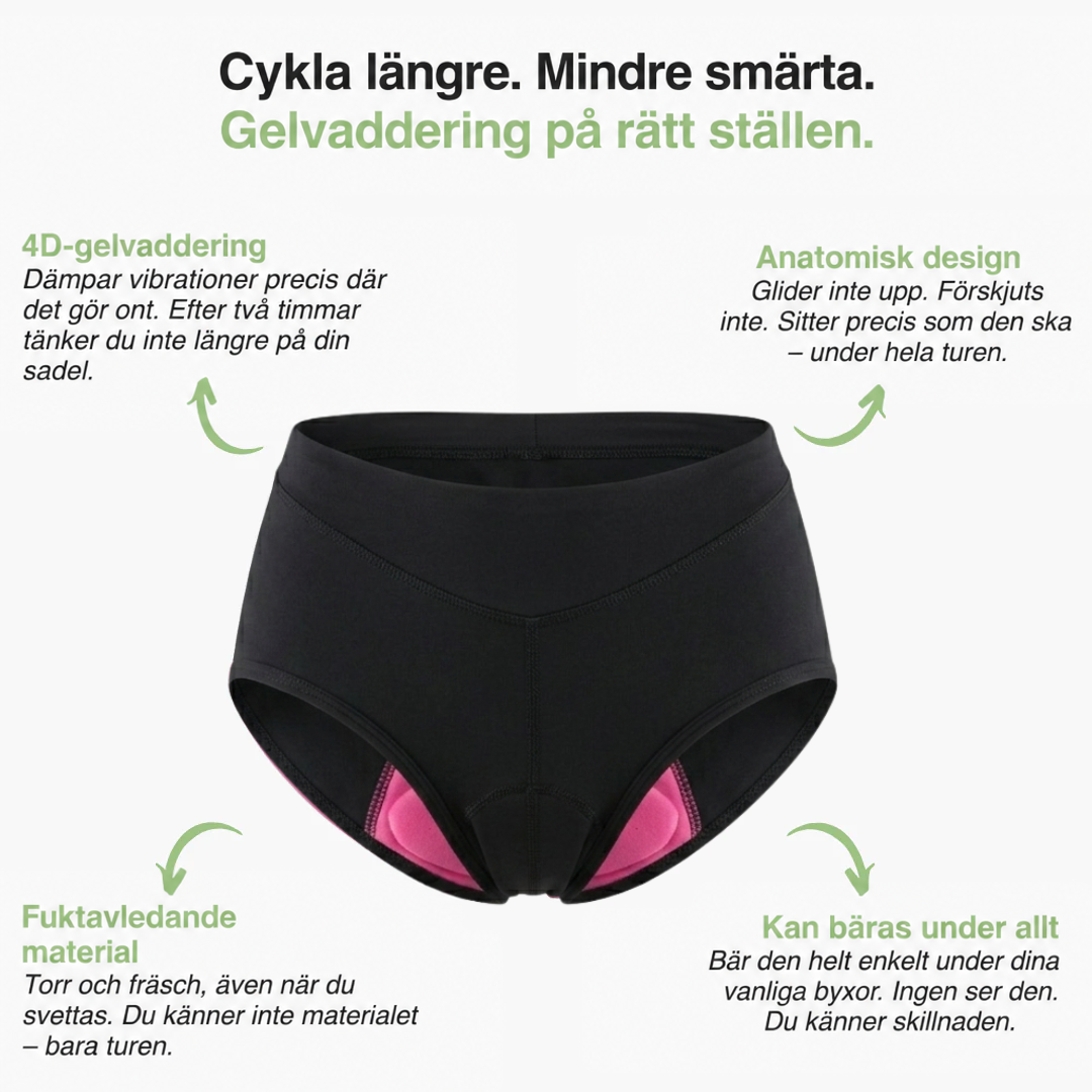 Svarta trosor med rosa vadd synlig inuti, omgivna av texter om vaddens och passformens fördelar 3