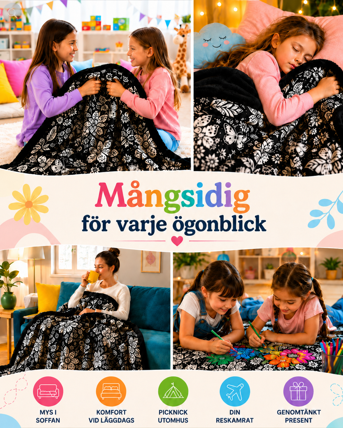 Fyra bilder av plädet i användning: lek, sovande flicka, kvinna med kaffe i soffan och barn som färglägger 5