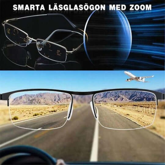 Collage: glasögon bredvid ett linsmotiv överst, och nedanför utsikt genom glasen över en väg med berg och flygplan. 6