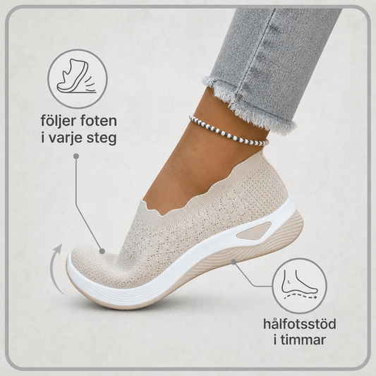 Beige instegssko som böjs med foten, med ikoner som visar flexibilitet och hållbart hålfotsstöd 2