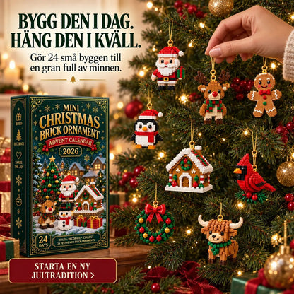 En hand hänger en klossfigur i granen, med ett urval av tomte, ren, pingvin, pepparkakshus, kardinalfågel, krans och bergsko. 7