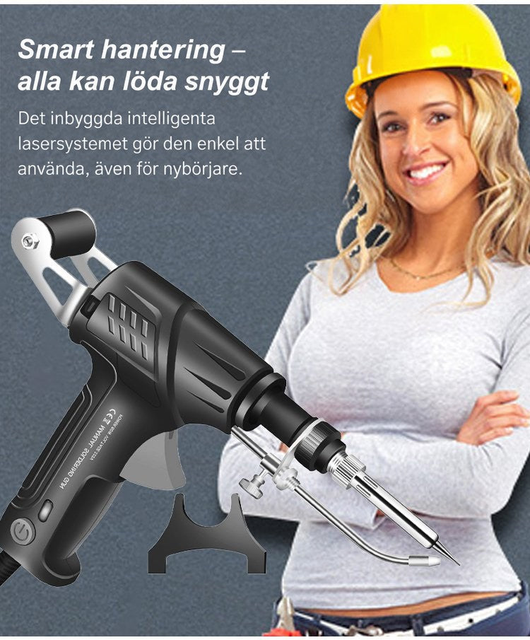 Leende kvinna med gul hjälm och korsade armar bakom verktyget och dess stativ 12