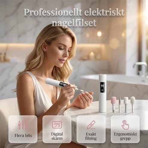 Blond kvinna i ett ljust badrum filar sina naglar med den vita nagelfilen, tillbehören bredvid 1