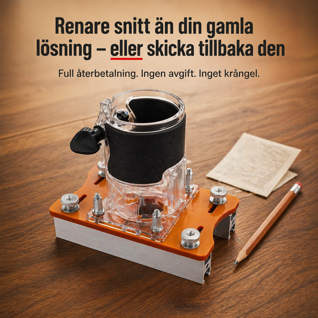 Mallen med aluminiumskenor och en svart gummigrepp-fräs ovanpå, stående på en träskiva bredvid ett anteckningspapper och en penna. 9