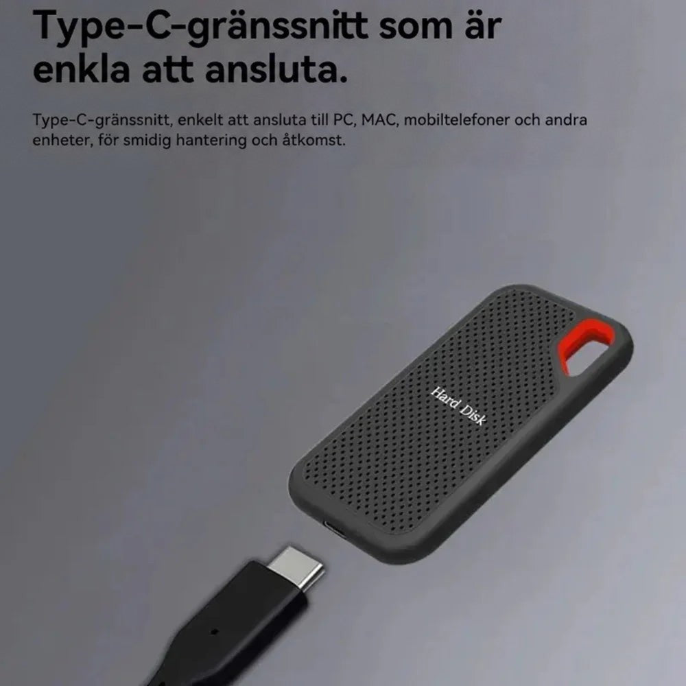 SSD:n med orange ögla bredvid en USB-C-kontakt som ska anslutas till enhetens port 3