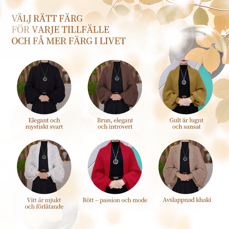 Färgöversikt med sex cirkelbilder av koftan i svart, brunt, gult, vitt, rött och khaki 13