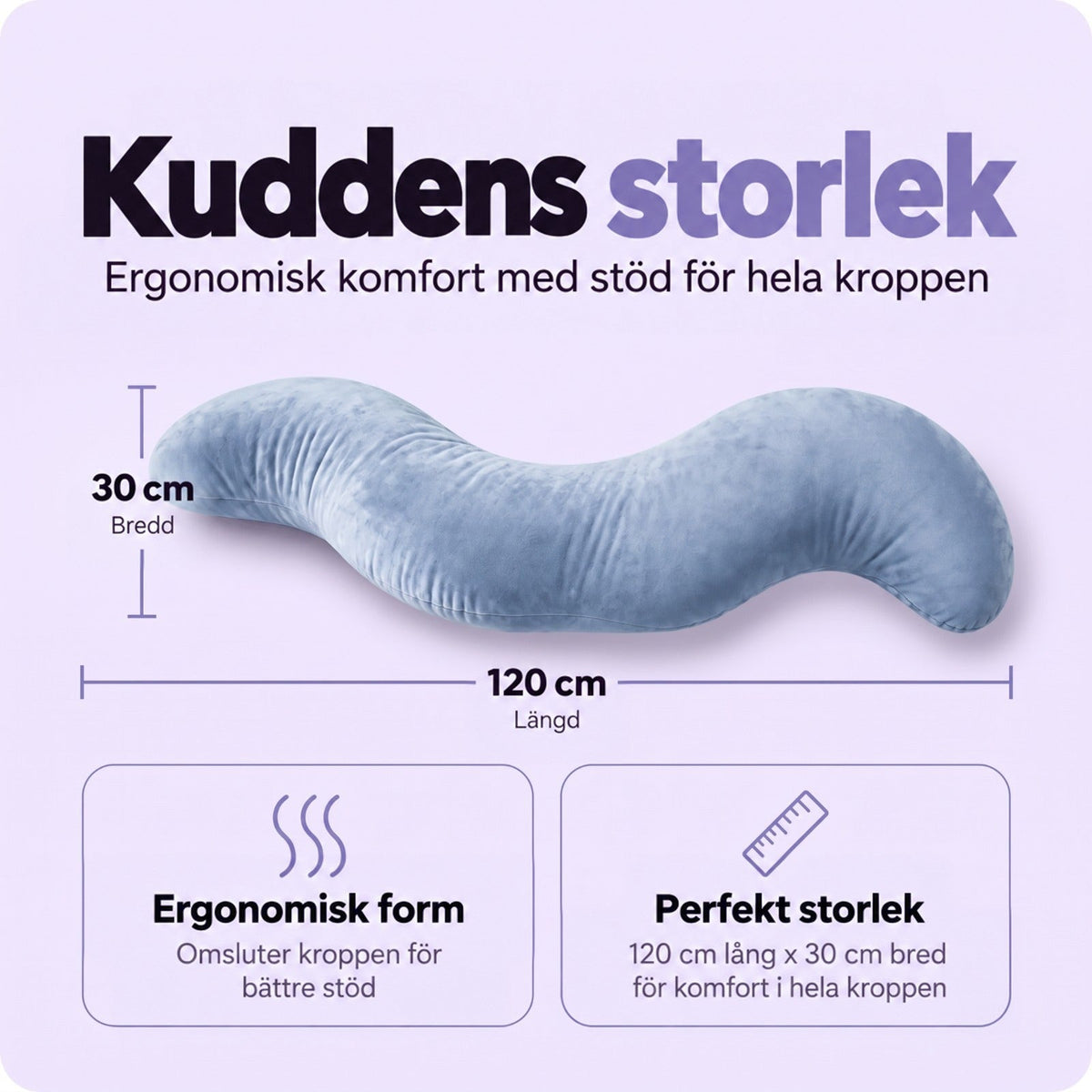 Kudden fotograferad snett uppifrån med mått för längd och bredd utmärkta 5