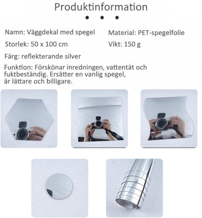 Produktinformation med spegelark i sexkantig, fyrkantig och vågig form där en kamera speglas, samt en cirkelform och en upprullad rulle. 8