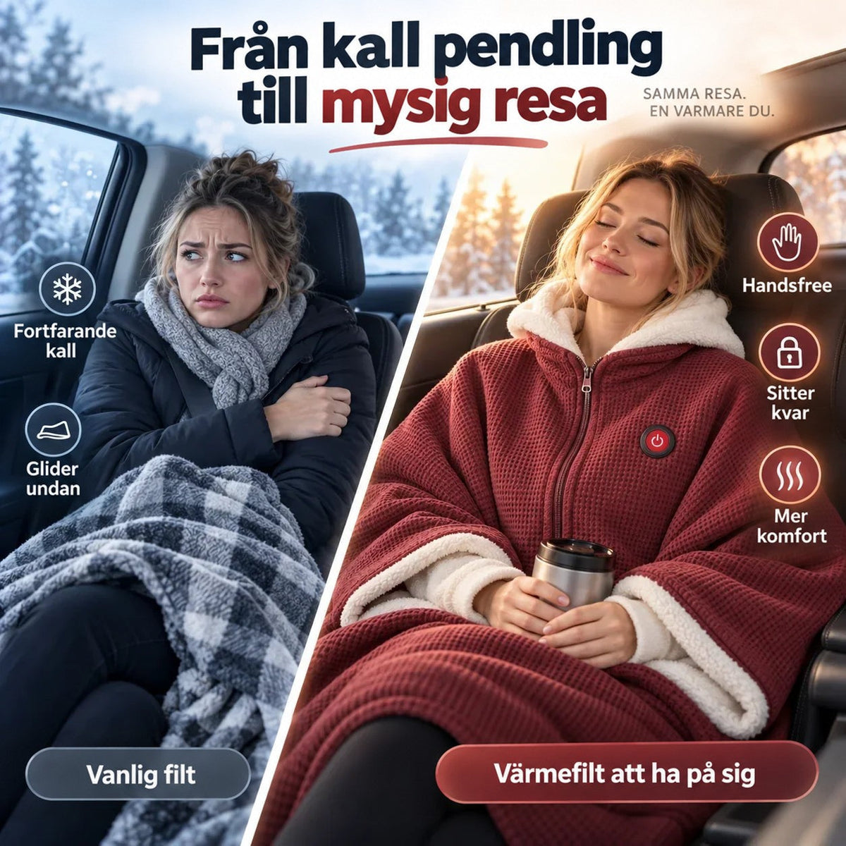 Delad bild: frusen kvinna med vanlig filt i bilen mot kvinna som är varm i röd poncho 4