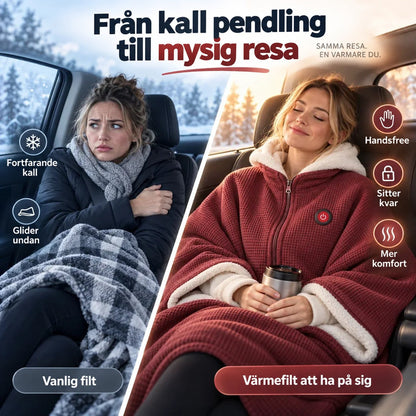 Delad bild: frusen kvinna med vanlig filt i bilen mot kvinna som är varm i röd poncho 4