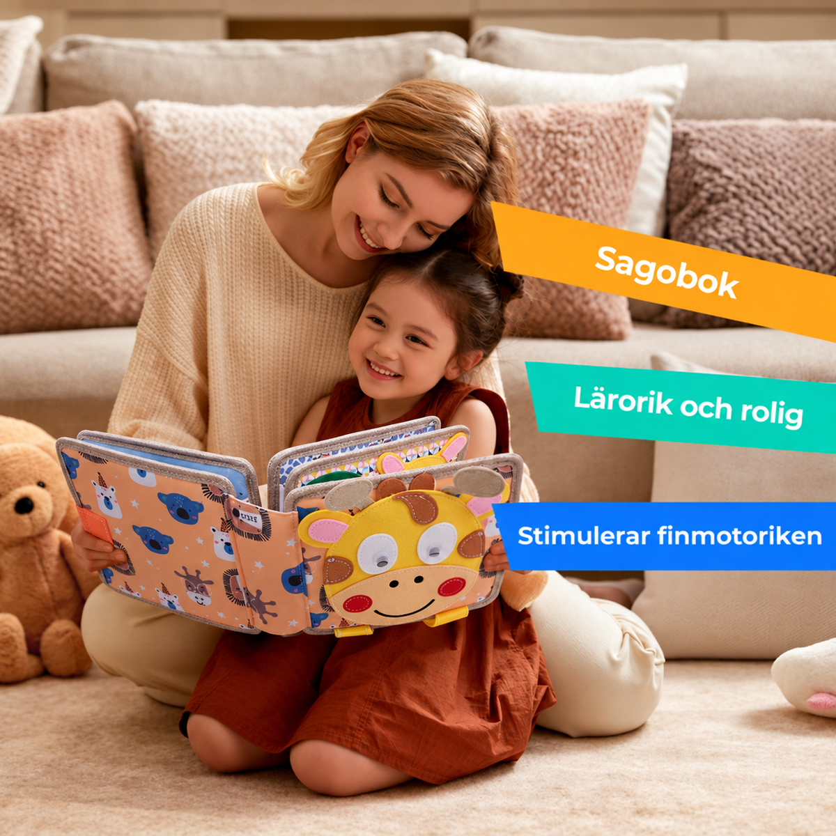 Mamma och dotter sitter på golvet framför soffan och tittar tillsammans i giraffboken, med färgade textbanderoller 6
