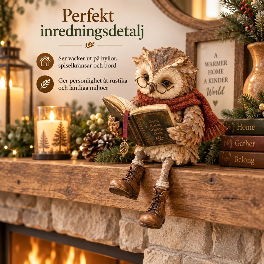 Ugglefiguren sitter på en rustik kaminhylla av trä, omgiven av ljus, kottar och granrisgirlanger i julstämning. 5