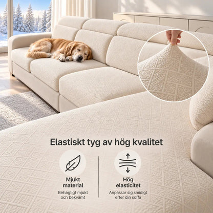 Hund sover på soffa med krämvitt elastiskt överdrag, förstoring av det mjuka tyget 3