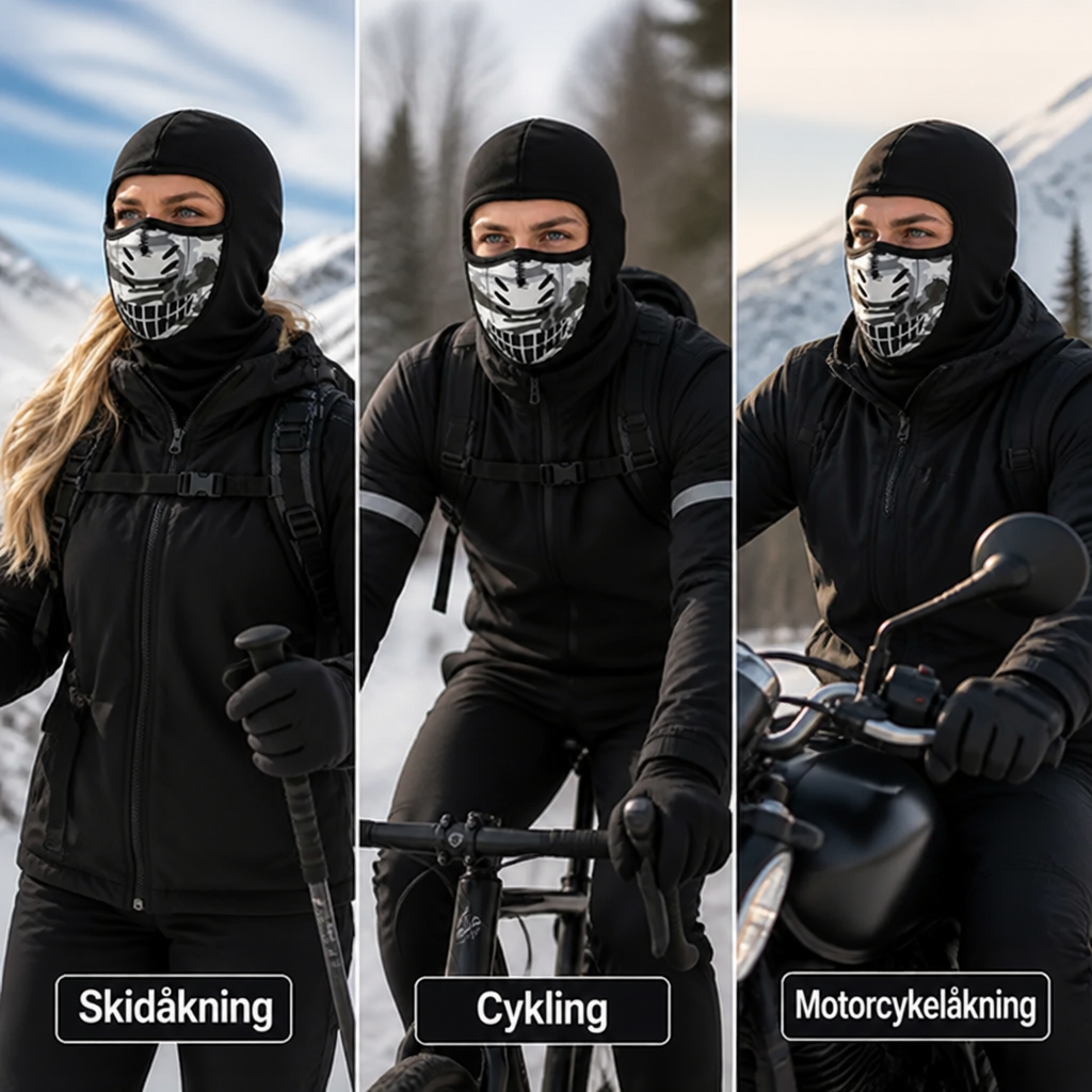 Tre bilder av balaklavan i användning: en skidåkare, en cyklist och en motorcyklist i vinterlandskap. 5
