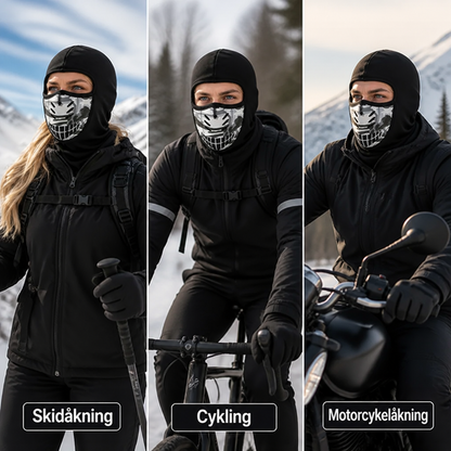 Tre bilder av balaklavan i användning: en skidåkare, en cyklist och en motorcyklist i vinterlandskap. 5