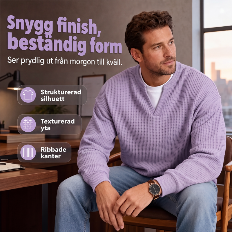 Man sitter på en stol vid ett skrivbord i lila våffelstickad topp med V-ringning, armbandsur och jeans. 6
