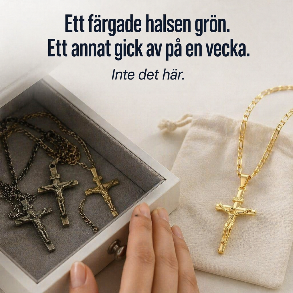 Guldfärgat krucifixhalsband på en tygpåse bredvid en smyckeskrin med mörka, nötta halsband 3