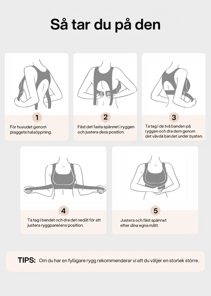 Illustrerad guide i fem steg som visar hur bh:n tas på, från att dra den över huvudet till att justera bandet under bysten. 21