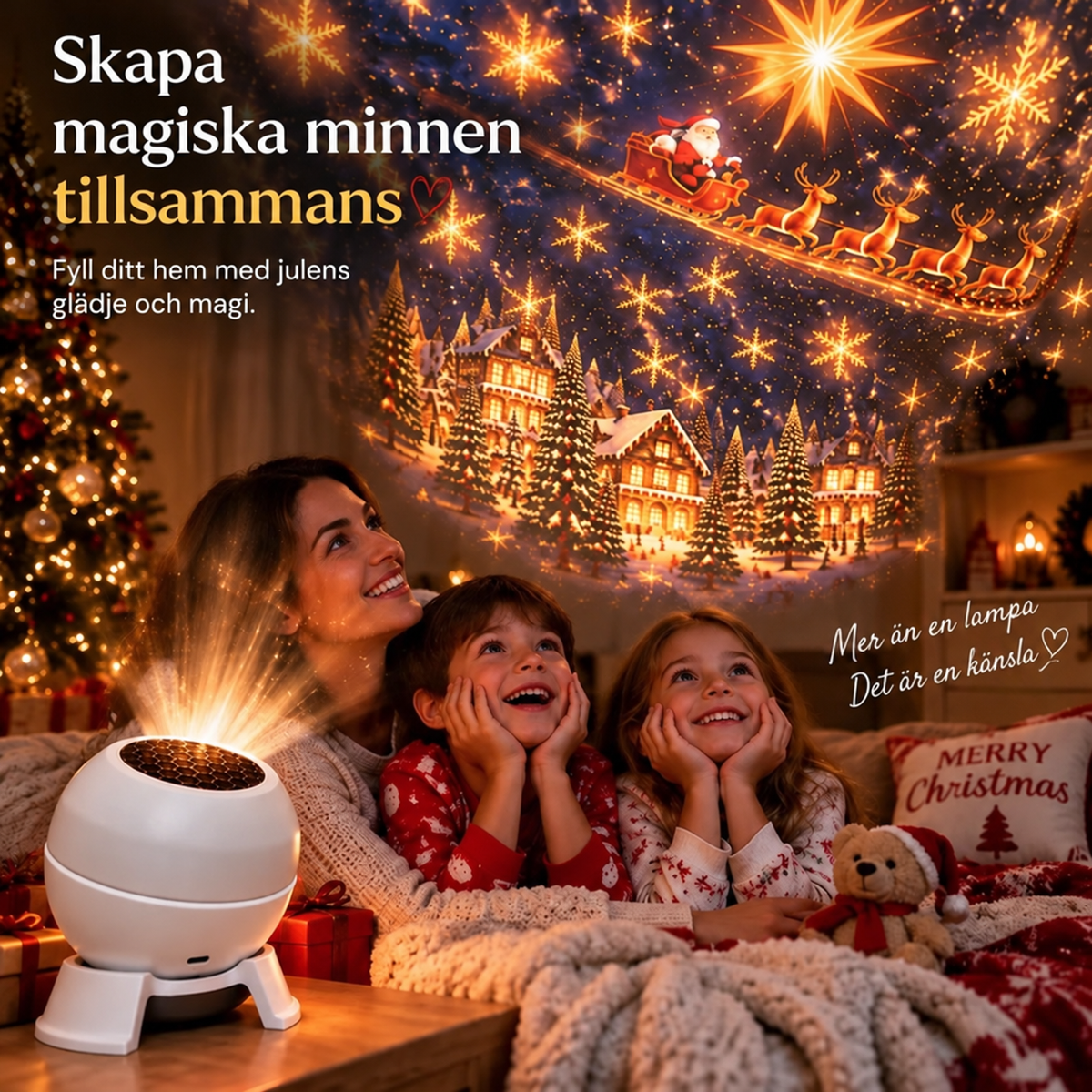 Mamma och två barn i pyjamas ligger under en filt och tittar på julprojektionen på väggen bredvid projektorn. 6