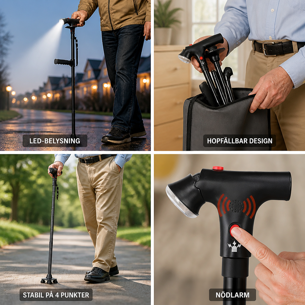 Fyra bilder i en: käppen lyser upp en gata, vikt i väska, i promenad och larmknappen 2