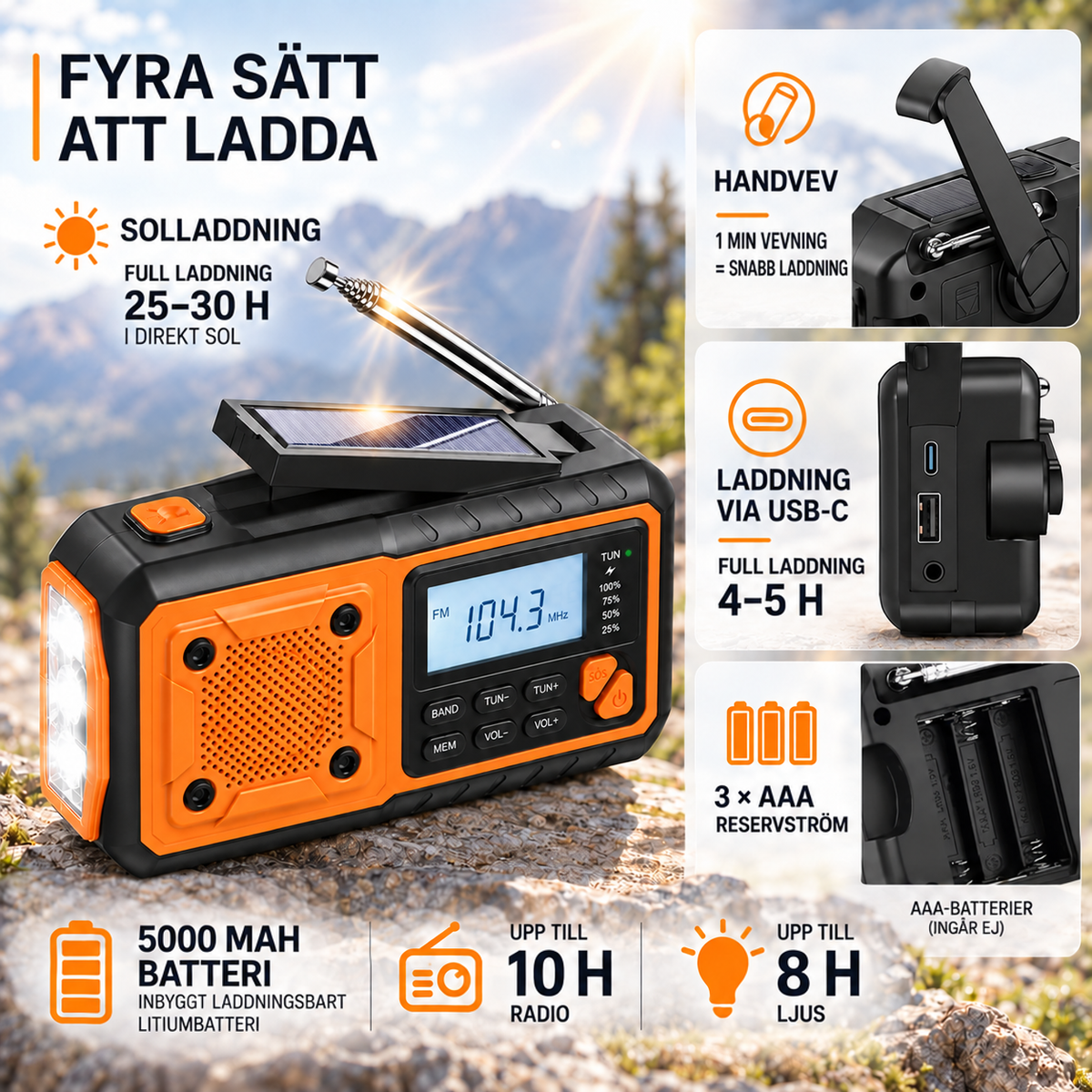 Radion med uppfälld solpanel och fyra laddningssätt: sol, vev, USB-C och AAA-batterier, med batteritider 5