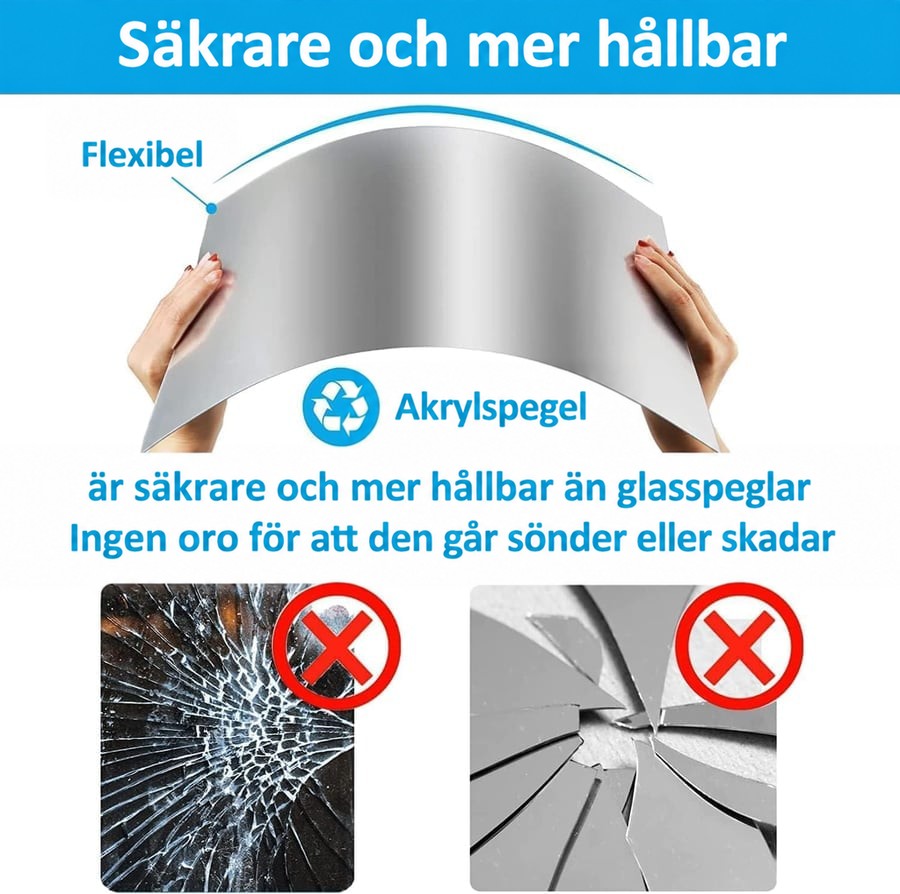 Två händer böjer ett flexibelt spegelark, med bilder på krossat glas och splittrad spegel som kontrast till det splittersäkra materialet. 7
