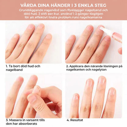 Guide i fyra steg för nagelvård med händer som visar rengöring, applicering, massage och slutresultat 5