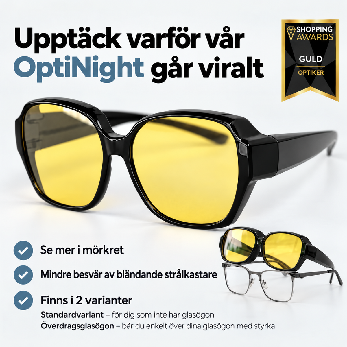 Glasögon med gula glas i fokus, med en mindre bild på ett par som passar över vanliga glasögon. 4
