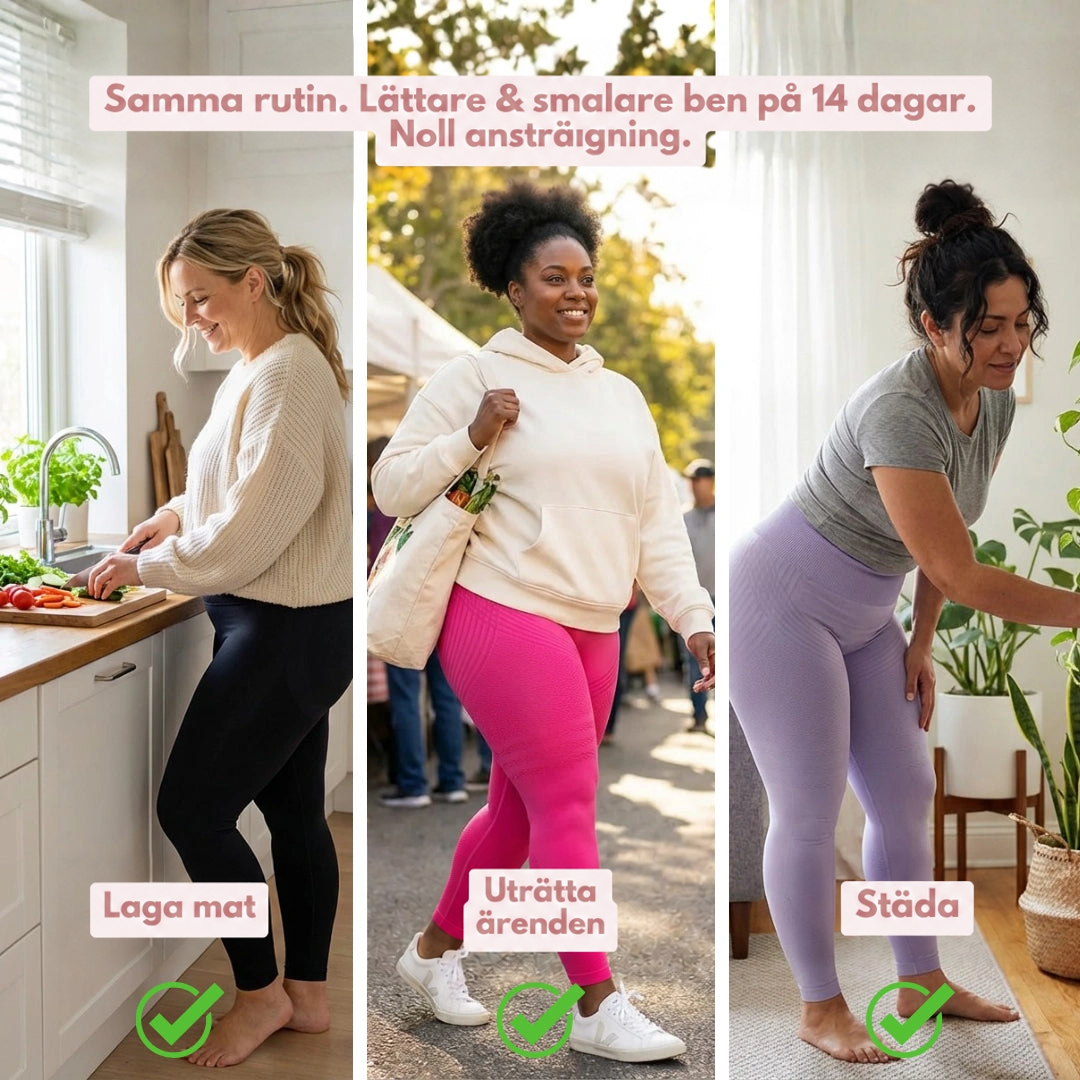 Tre kvinnor i tights i svart, rosa och lila vid matlagning, ärenden och städning i vardagen. 15