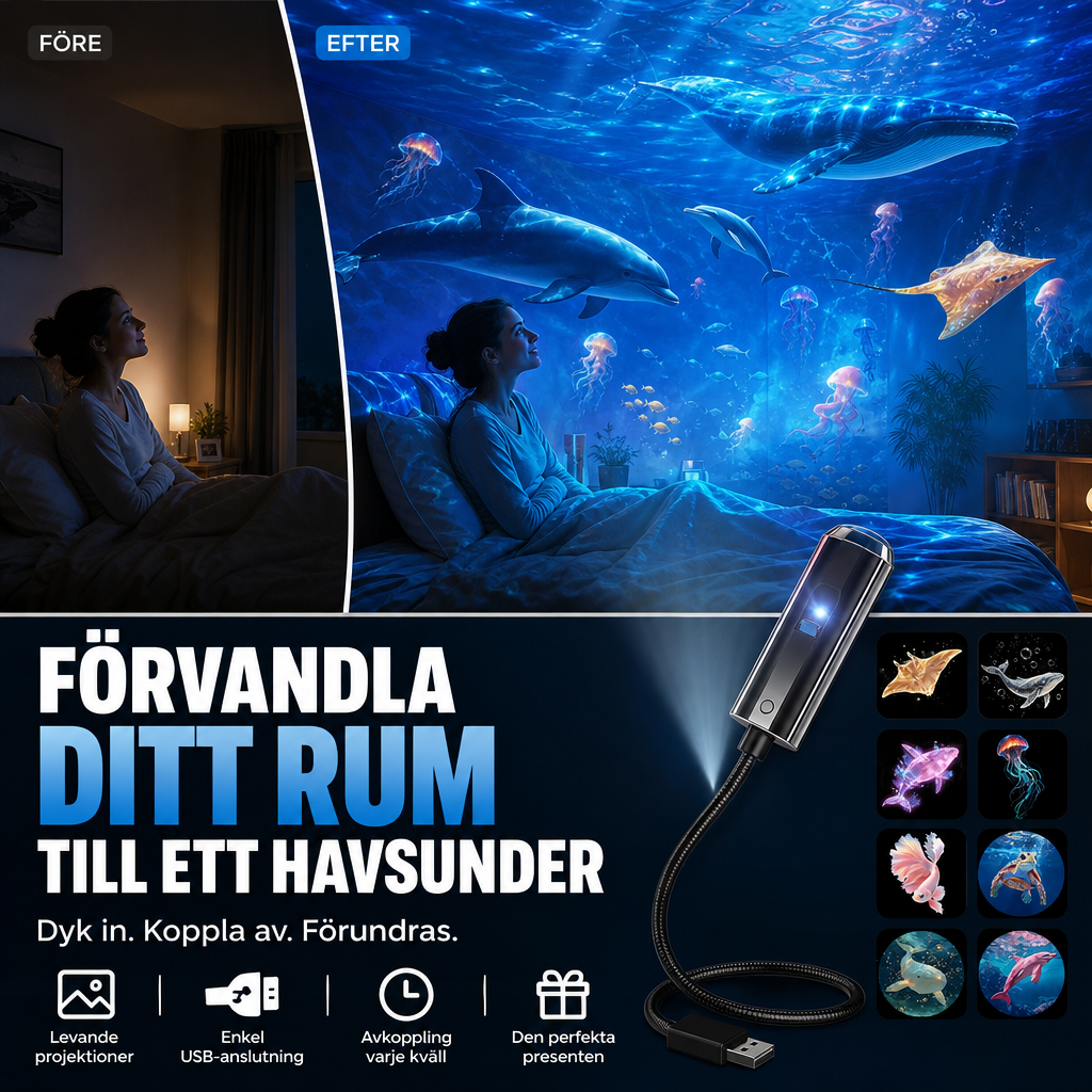 Före-och-efter-bild av ett sovrum som fylls av projicerade havsmotiv, med projektorn och åtta bildskivor nedanför 1