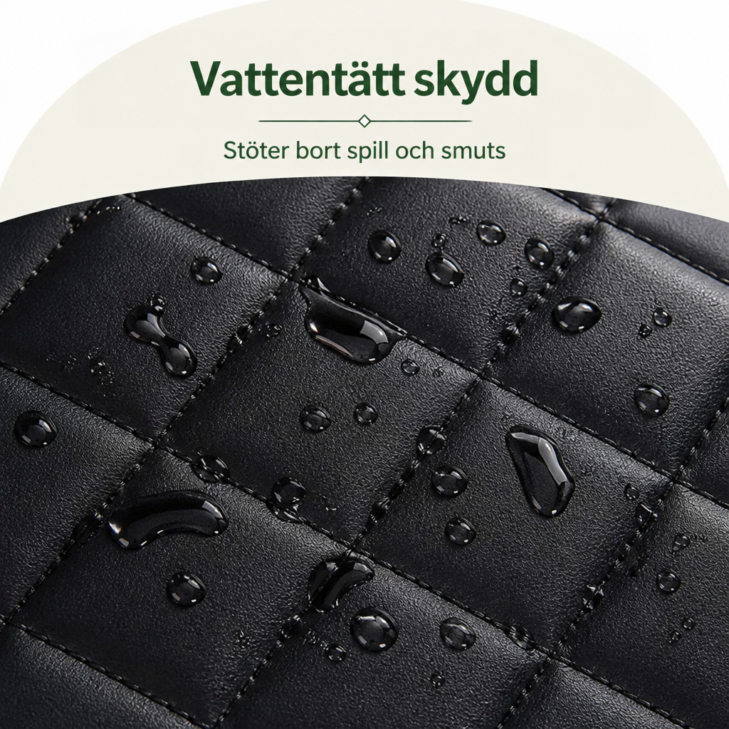 Närbild på svart quiltat skyddsmaterial med vattendroppar som ligger kvar på ytan och visar att det är vattenavvisande. 3