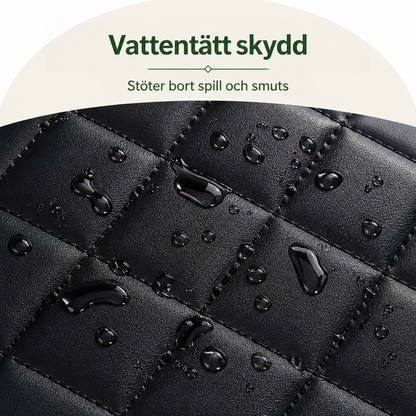 Närbild på svart quiltat skyddsmaterial med vattendroppar som ligger kvar på ytan och visar att det är vattenavvisande. 3