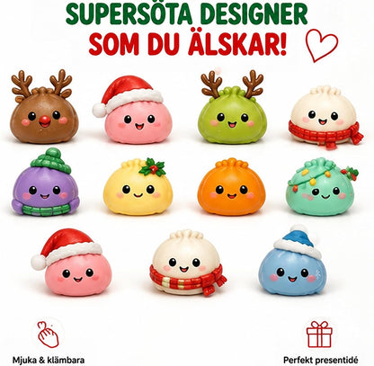 Elva mjuka dumplingfigurer i olika färger med tomteluvor, halsdukar, renhorn och julbelysning på vit bakgrund 3