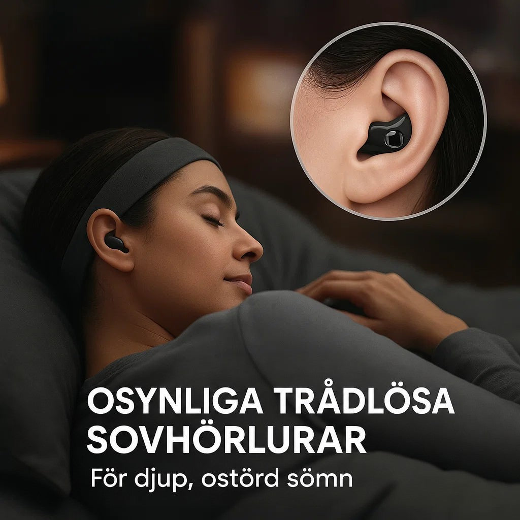 Kvinna med pannband ligger på sidan och sover med svart öronsnäcka, med förstoring av örat 4