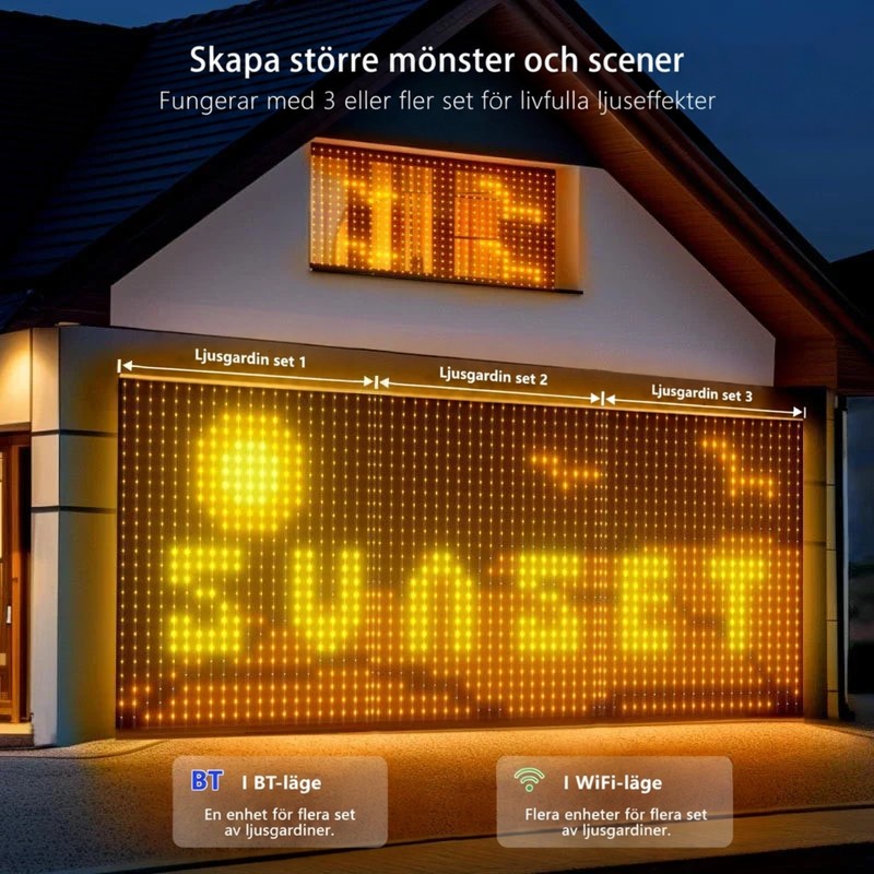 Tre ljusgardiner sida vid sida på en husfasad bildar ett stort gult motiv med solnedgång 8