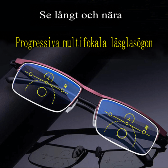 Glasögon med rödbrun båge och halvbåge ställda mot mörk bakgrund, med synzonerna synliga i de blåskimrande glasen. 3