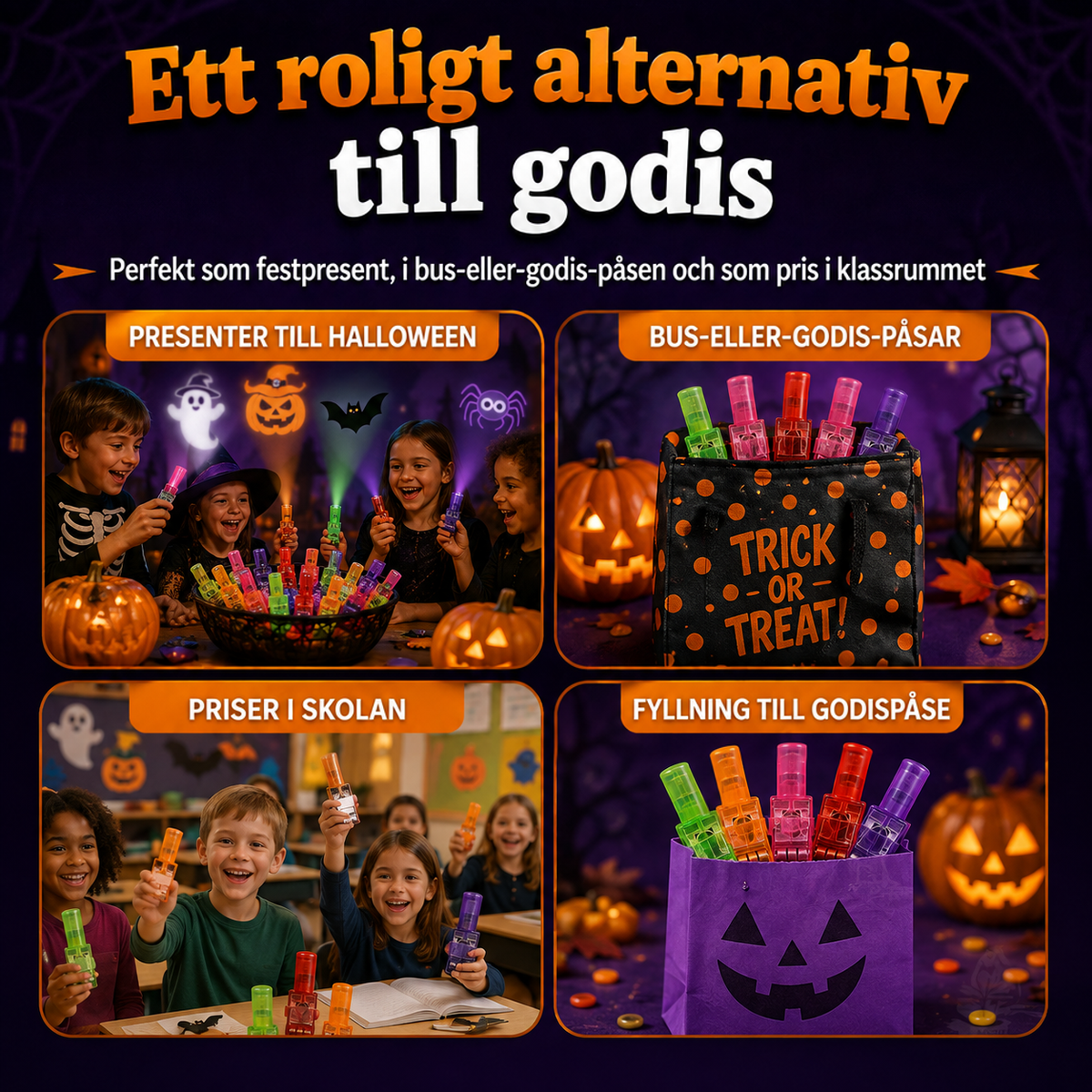 Fyra användningar som alternativ till godis: festpåsar, godispåse, klassrumspriser och present­påsfyllning, med barn och 14