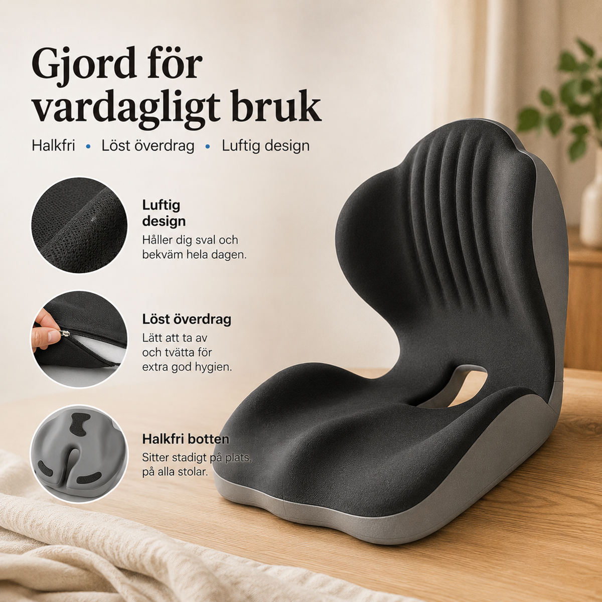 Sittdynan med tre detaljbilder: andas-ytan, avtagbart överdrag med dragkedja och halkfri undersida 11