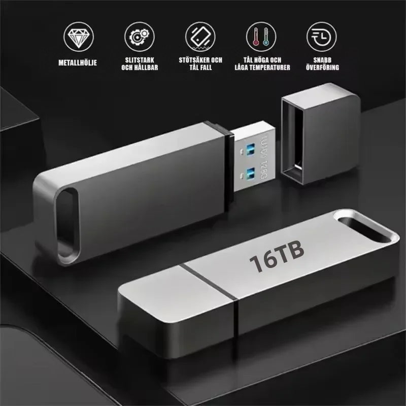 Minnesstickor i metall på mörkt underlag, en med avtaget lock som visar USB-kontakten 5