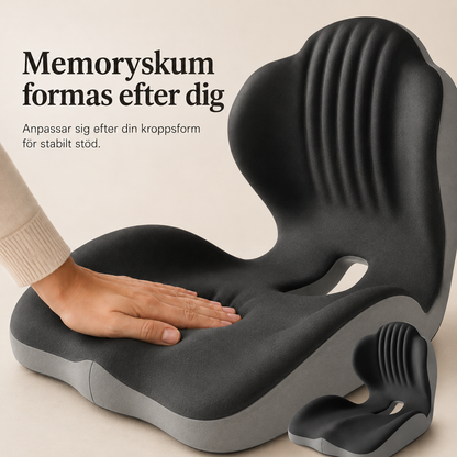 Hand trycker ned det mörka minnesskummet i sittdynans sits, med en liten bild av dynan i hörnet 3