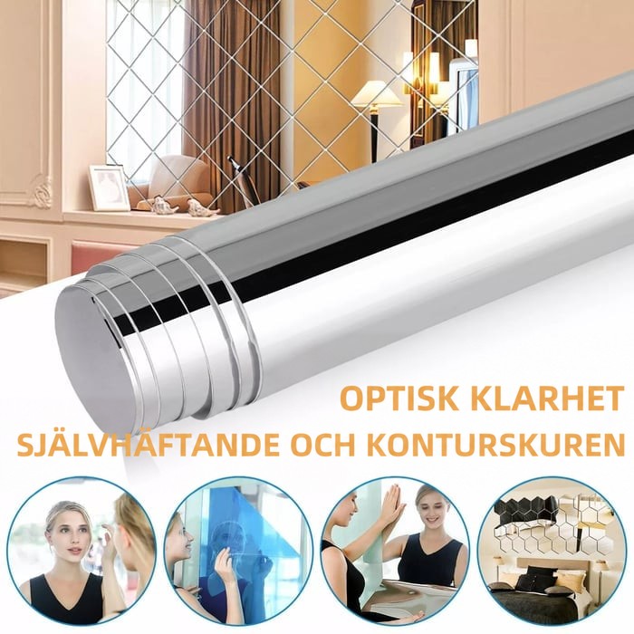 Upprullat silverglänsande spegelark framför ett inrett rum, med små bilder nedanför som visar spegelfolien monterad och använd. 1