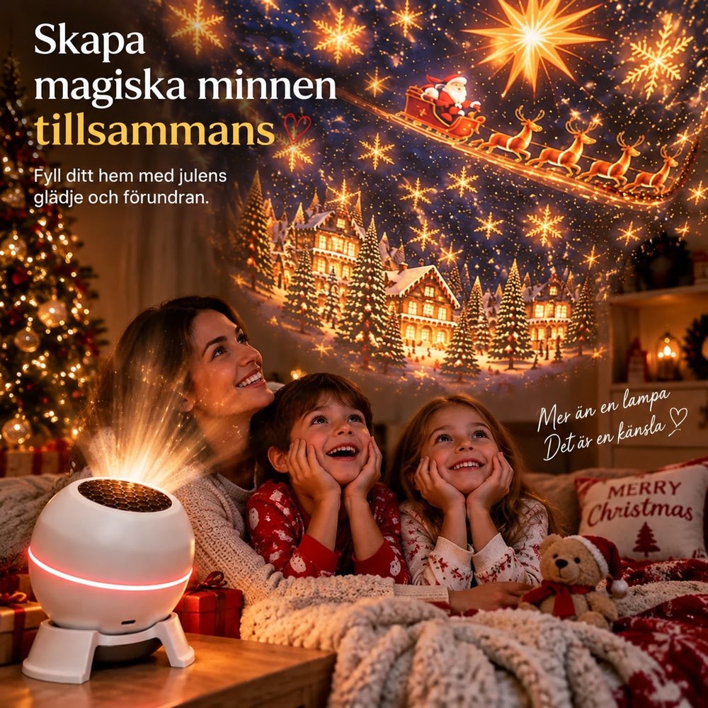 En mamma och två barn i pyjamas ligger under filtar och tittar förtjusta på projektionen 6