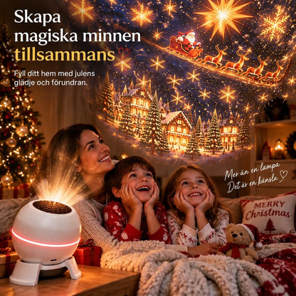 En mamma och två barn i pyjamas ligger under filtar och tittar förtjusta på projektionen 6