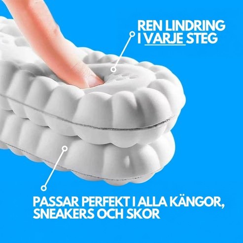 Två staplade vita skuminlägg på blå bakgrund, där ett finger trycker ned i den mjuka skumytan för att visa dämpningen. 5