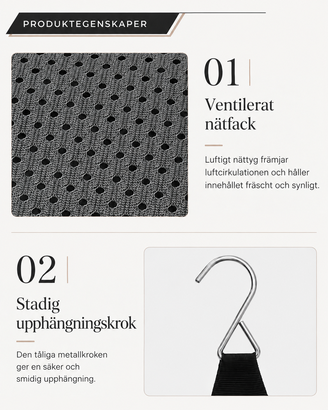 Närbild av grått perforerat nättyg ovanför en blank metallkrok fäst i svart band 6