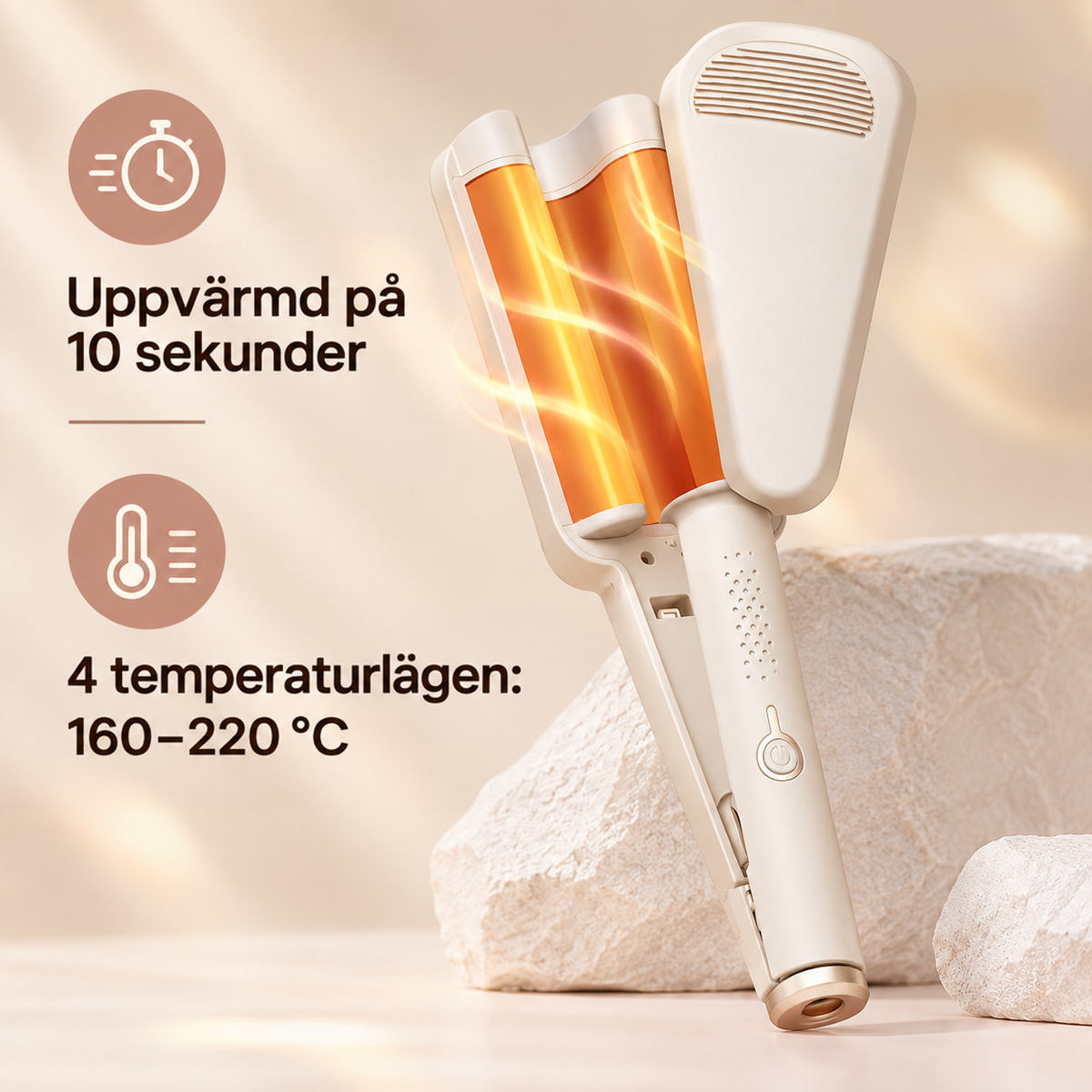 Beige vågtång med glödande orange värmeplattor, ikoner för snabb uppvärmning och fyra temperaturnivåer 12