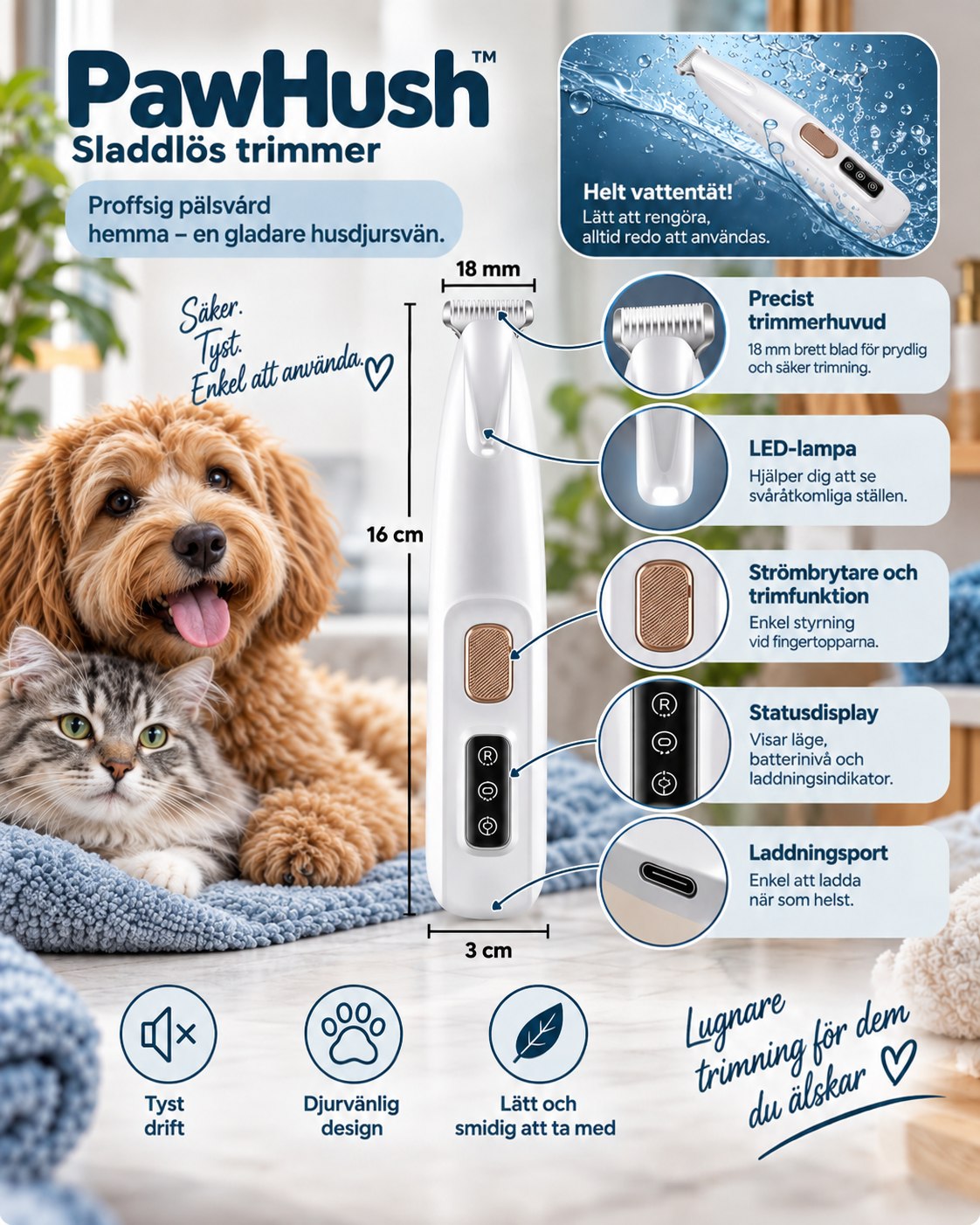 Produktbild med mått, närbilder på trimhuvud, LED-ljus, knapp, display och laddport, samt hund och katt 6