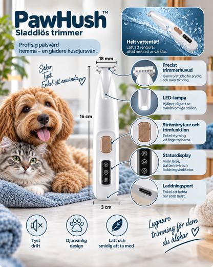 Produktbild med mått, närbilder på trimhuvud, LED-ljus, knapp, display och laddport, samt hund och katt 6
