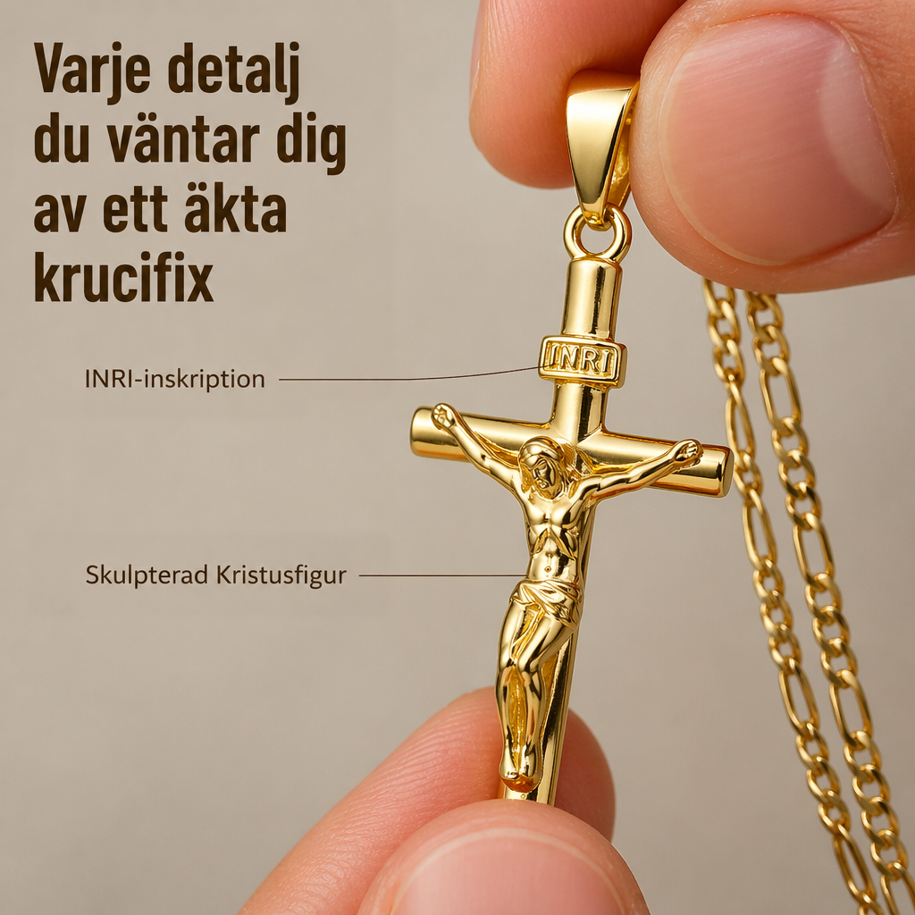 Närbild där två fingrar håller upp krucifixhänget i guld, med INRI-skylten och Kristusfiguren synliga 2