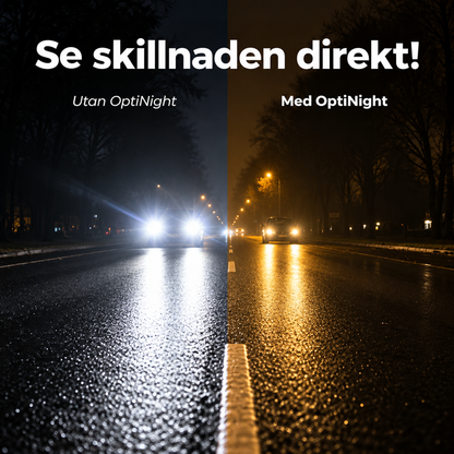 Delad nattbild av en våt väg: till vänster bländande vita strålkastare, till höger varmare, gulfärgad och lugnare syn. 2